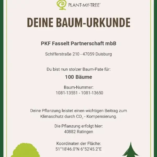 Baum-Urkunde von Plant-My-Tree über die Patenschaft von PKF Fasselt für 100 Bäume