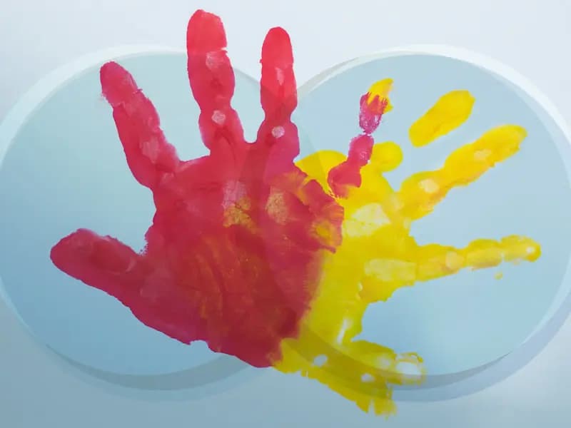 Ein roter und ein gelber Handabdruck aus Farbe überlagern sich auf zwei hellblauen Kreisen