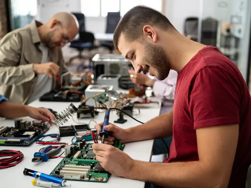 Mann im roten T-Shirt lötet an einer Platine, im Hintergrund reparieren weitere Personen Elektronikgeräte