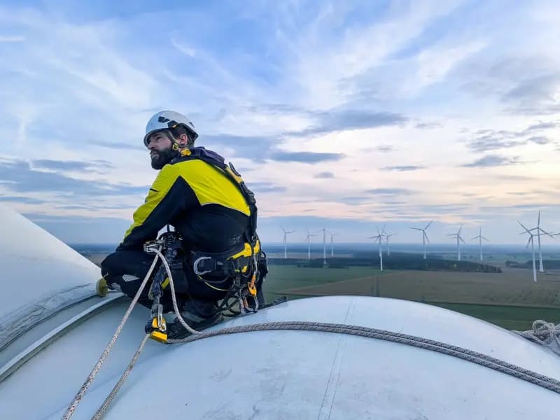 Techniker mit Helm und Sicherungsgurt auf der Gondel einer Windkraftanlage, im Hintergrund ein Windpark
